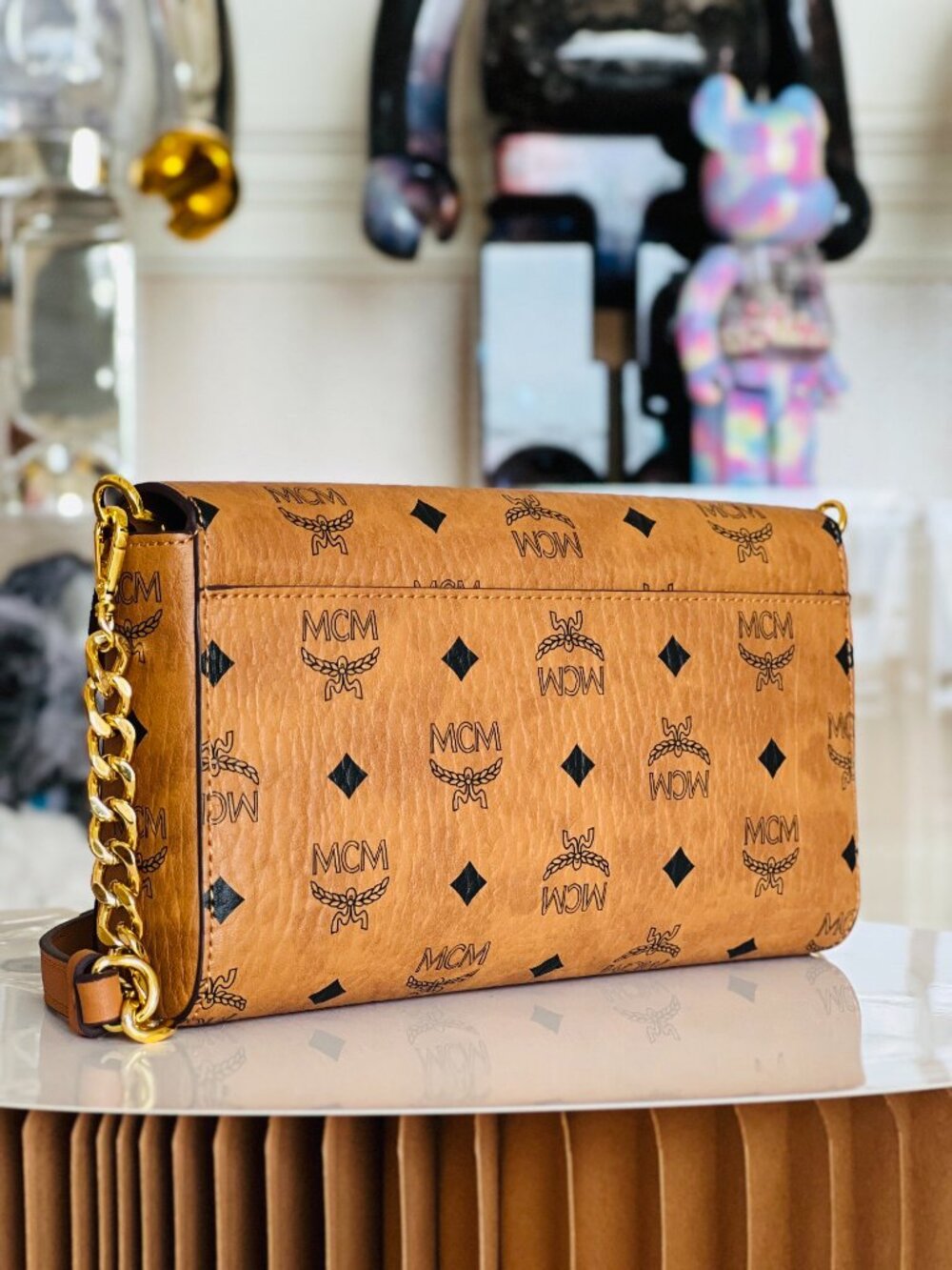 MCM Tan Monogram Clutch with Gold Accent - Picture 5 of 8